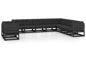 Salon de jardin meuble d'extérieur ensemble de mobilier 10 pièces avec coussins noir bois de pin massif 02_0015103