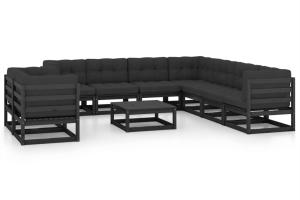 Salon de jardin meuble d'extérieur ensemble de mobilier 10 pièces avec coussins noir bois de pin massif 02_0015105