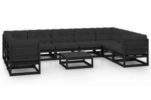 Salon de jardin meuble d'extérieur ensemble de mobilier 10 pièces avec coussins noir bois de pin massif 02_0015106