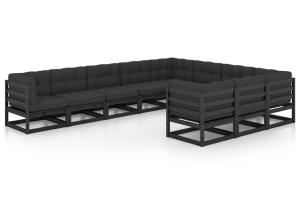 Salon de jardin meuble d'extérieur ensemble de mobilier 10 pièces avec coussins noir bois de pin massif 02_0015107