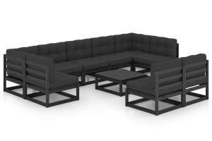 Salon de jardin meuble d'extérieur ensemble de mobilier 10 pièces avec coussins noir bois de pin massif 02_0015110