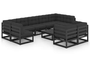 Salon de jardin meuble d'extérieur ensemble de mobilier 10 pièces avec coussins noir bois de pin massif 02_0015111