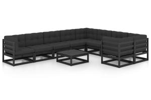 Salon de jardin meuble d'extérieur ensemble de mobilier 10 pièces avec coussins noir bois de pin massif 02_0015112