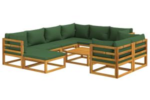 Salon de jardin meuble d'extérieur ensemble de mobilier 10 pièces avec coussins vert bois massif 02_0015192