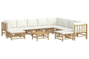 Salon de jardin meuble d'extérieur ensemble de mobilier 11 pièces avec coussins blanc crème bambou 02_0015302