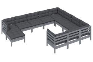 Salon de jardin meuble d'extérieur ensemble de mobilier 11 pièces avec coussins gris bois de pin 02_0015330
