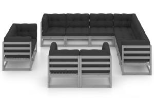 Salon de jardin meuble d'extérieur ensemble de mobilier 11 pièces avec coussins gris bois de pin massif 02_0015333