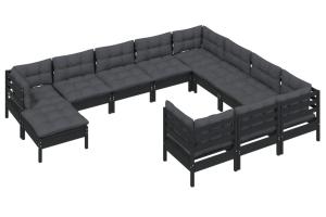 Salon de jardin meuble d'extérieur ensemble de mobilier 11 pièces avec coussins noir bois de pin 02_0015384