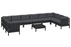 Salon de jardin meuble d'extérieur ensemble de mobilier 11 pièces avec coussins noir bois de pin 02_0015386