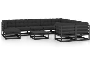 Salon de jardin meuble d'extérieur ensemble de mobilier 11 pièces avec coussins noir bois de pin massif 02_0015387