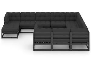 Salon de jardin meuble d'extérieur ensemble de mobilier 11 pièces avec coussins noir bois de pin massif 02_0015388