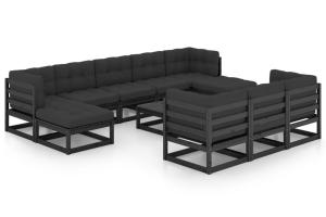 Salon de jardin meuble d'extérieur ensemble de mobilier 11 pièces avec coussins noir bois de pin massif 02_0015389