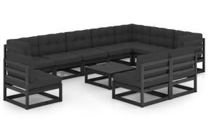 Salon de jardin meuble d'extérieur ensemble de mobilier 11 pièces avec coussins noir bois de pin massif 02_0015392