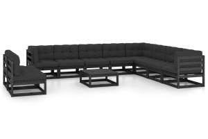 Salon de jardin meuble d'extérieur ensemble de mobilier 11 pièces avec coussins noir bois de pin massif 02_0015393