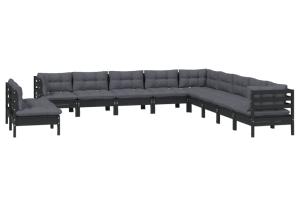 Salon de jardin meuble d'extérieur ensemble de mobilier 11 pièces avec coussins noir bois de pin solide 02_0015396