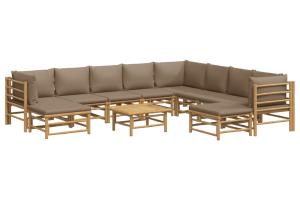 Salon de jardin meuble d'extérieur ensemble de mobilier 11 pièces avec coussins taupe bambou 02_0015458