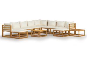 Salon de jardin meuble d'extérieur ensemble de mobilier 12 pièces avec coussin crème bois d'acacia solide 02_0015530