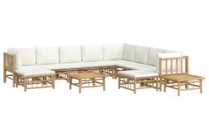 Salon de jardin meuble d'extérieur ensemble de mobilier 12 pièces avec coussins blanc crème bambou 02_0015545