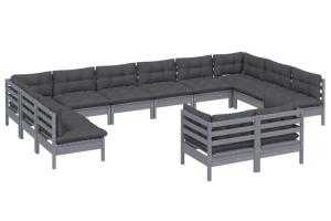 Salon de jardin meuble d'extérieur ensemble de mobilier 12 pièces avec coussins gris bois de pin massif 02_0015578