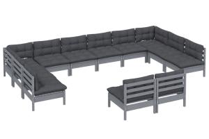 Salon de jardin meuble d'extérieur ensemble de mobilier 12 pièces avec coussins gris bois de pin massif 02_0015579