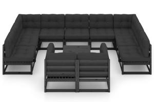 Salon de jardin meuble d'extérieur ensemble de mobilier 12 pièces avec coussins noir bois de pin massif 02_0015627