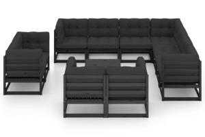 Salon de jardin meuble d'extérieur ensemble de mobilier 12 pièces avec coussins noir bois de pin massif 02_0015629