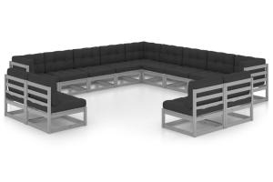 Salon de jardin meuble d'extérieur ensemble de mobilier 13 pièces avec coussins gris bois de pin massif 02_0015734