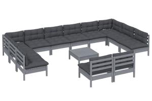 Salon de jardin meuble d'extérieur ensemble de mobilier 13 pièces avec coussins gris bois de pin massif 02_0015735