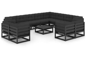 Salon de jardin meuble d'extérieur ensemble de mobilier 13 pièces avec coussins noir bois de pin massif 02_0015766