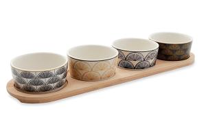 Service apéritif plateau bambou ovale 38 cm et 4 coupelles porcelaine imprimé boréal Mathon