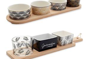 Set de 2 plateaux apéritifs bambou et porcelaine 3 et 4 coupelles