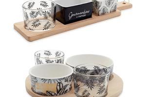 Set apéritif planche 3 coupelles et plateau rond 4 coupelles
