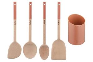Tefal - Natura 5 ustensiles de cuisine en bois, Grande cuillere, Spatule biseautée, Maryse, Petite cuillere, Porte-ustensiles K27