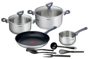 G713SB45 Daily Cook Set 11 pieces inox : Casserole 16 cm + Faitouts 20 et 24 cm avec couvercles + Poele 28 cm + 5 ustensiles - Tefal