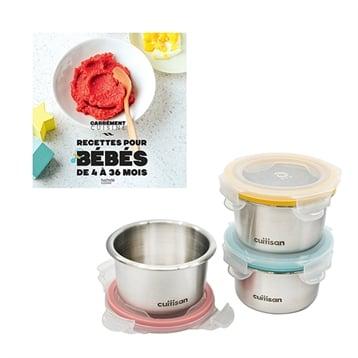 Kit cuisine pour bébé, livre de recettes et 3 bols hermétiques en inox Kit cuisine pour bébé, livre de recettes et 3 bols hermétiques en inox