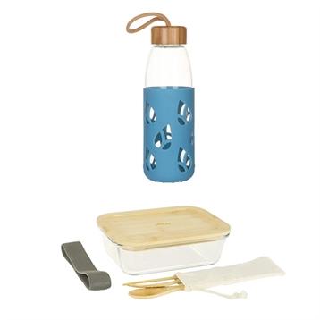 Set bouteille en verre 55cl et lunch box avec 3 couverts bambou Pebbly