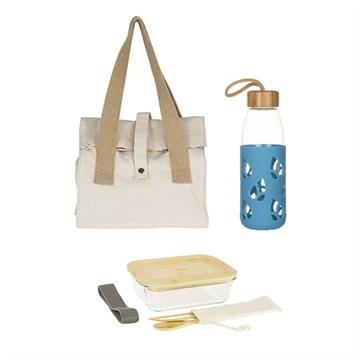Set bouteille en verre 55cl, lunch box avec 3 couverts bambou et sac déjeuner en coton bio Pebbly Set bouteille en verre 55cl, lunch box avec 3 couverts bambou et sac déjeuner en coton bio Pebbly