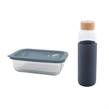 Set bouteille en verre 580ml et boite en verre avec couvercle silicone bleu Point Virgule