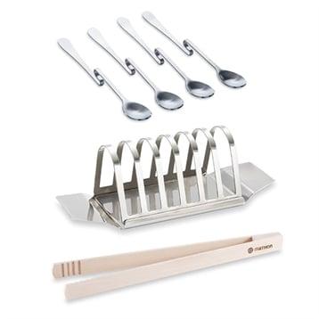 Set porte toasts 6 tranches, pince à toast en bois et 4 cuillères à confiture Mathon Set porte toasts 6 tranches, pince à toast en bois et 4 cuillères à confiture Mathon