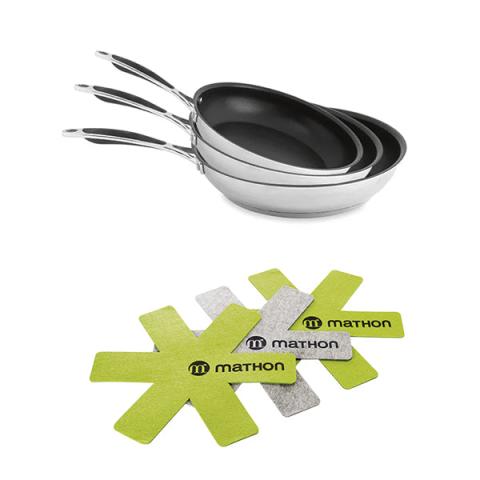 Batterie de cuisine poêles anti-adhérentes Excell'Inox 20, 24 et 28 cm et 3 feutrines Mathon