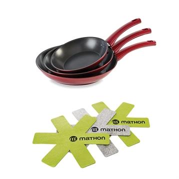 Batterie de cuisine poêles anti-adhérentes Prestige rubis 20, 24 et 28 cm et 3 feutrines Mathon Batterie de cuisine poêles anti-adhérentes Prestige rubis 20, 24 et 28 cm et 3 feutrines Mathon