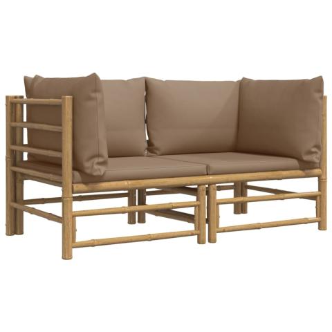 Canapés d'angle de jardin avec coussins taupe 2 pièces bambou 02_0013316