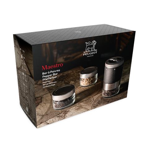 Coffret moulin à poivre Maestro à réservoirs interchangeables et 3 poivres Peugeot Coffret moulin à poivre Maestro à réservoirs interchangeables et 3 poivres Peugeot