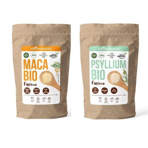 Duo de Farines de Psyllium et de Maca bio - 2 x 250 g Aromandise Duo de Farines de Psyllium et de Maca bio - 2 x 250 g Aromandise