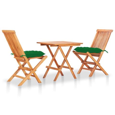 Ensemble de bistro jardin meuble extérieur terrasse 3 pièces avec coussins vert bois de teck massif 02_0013517