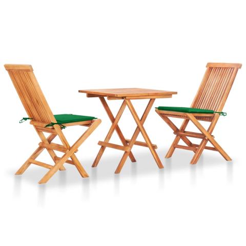Ensemble de bistro jardin meuble extérieur terrasse 3 pièces avec coussins vert bois de teck massif 02_0013518