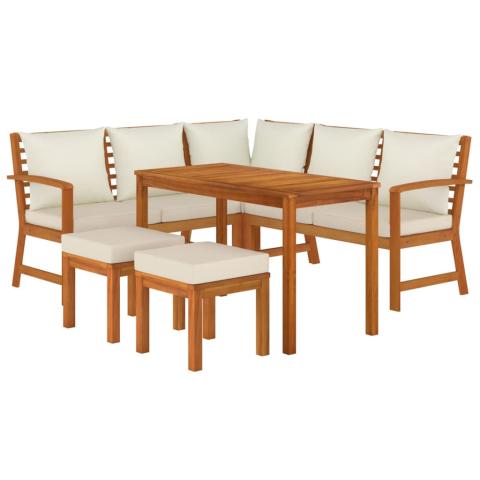 Ensemble à dîner salon de jardin meuble d'extérieur 6 pièces avec coussins bois d'acacia 02_0014336