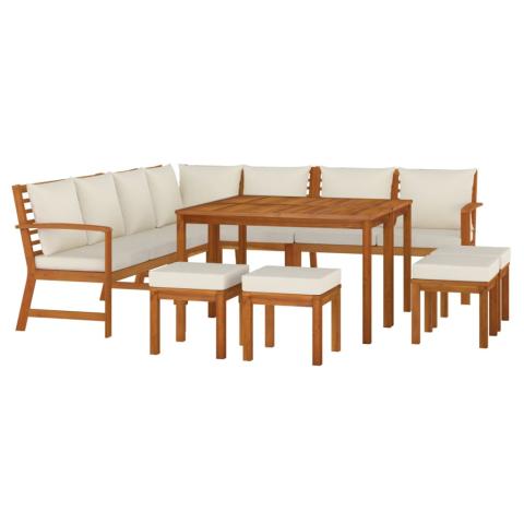 Ensemble à dîner salon de jardin meuble d'extérieur avec coussins 11 pièces bois d'acacia 02_0014415