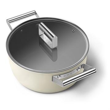 Faitout bas aluminium antiadhésif 24 cm crème mat avec couvercle en verre trempé Smeg Faitout bas aluminium antiadhésif 24 cm crème mat avec couvercle en verre trempé Smeg