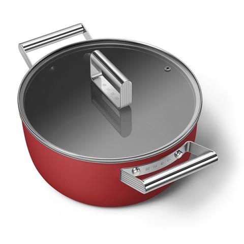 Faitout bas aluminium antiadhésif 24 cm rouge mat avec couvercle verre trempé Smeg